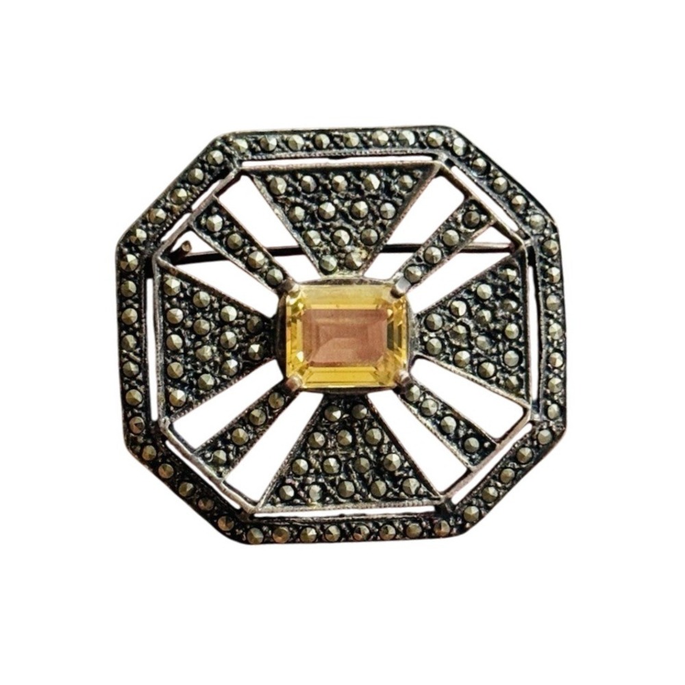 Art Deco Yellow Citrine Gemstone Marcasite Brooch Pin VTG Sterling Silver 925